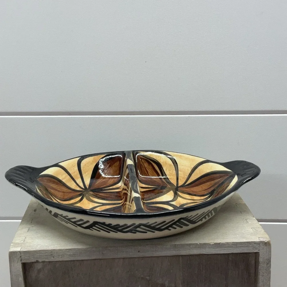 Manureva Tahiti Hand Painted Ceramic Divided Serving Dish Floral Brown Tan Black